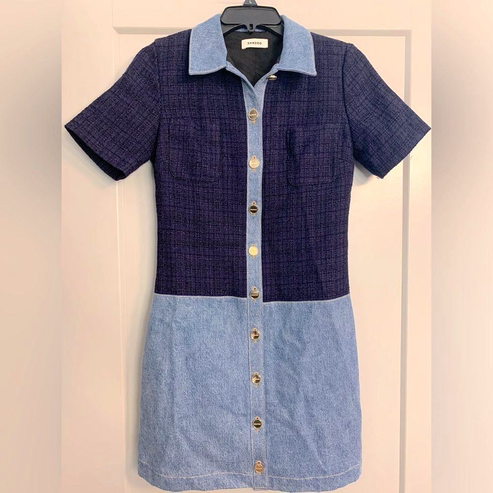 Sandro Brooke Mixed Media Shirt Dress Size US 2 / FR 34 Blue Tweed and Denim - Picture 13 of 16